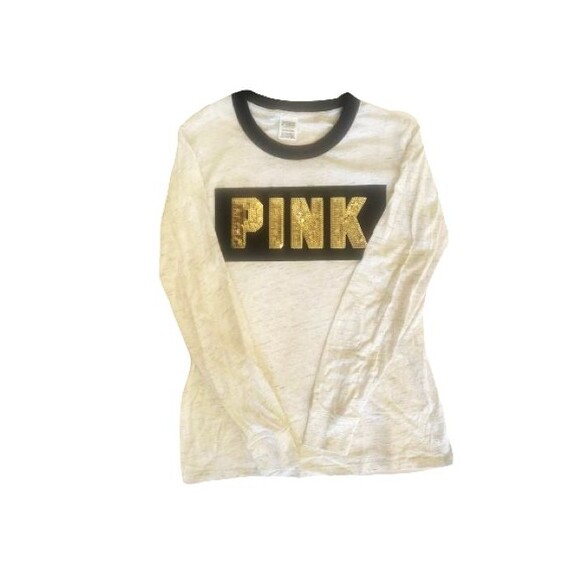 Pink Victoria Secret Womens T Shirt Size Small Black Velvet Gold Sequined Logo - Picture 4 of 7
